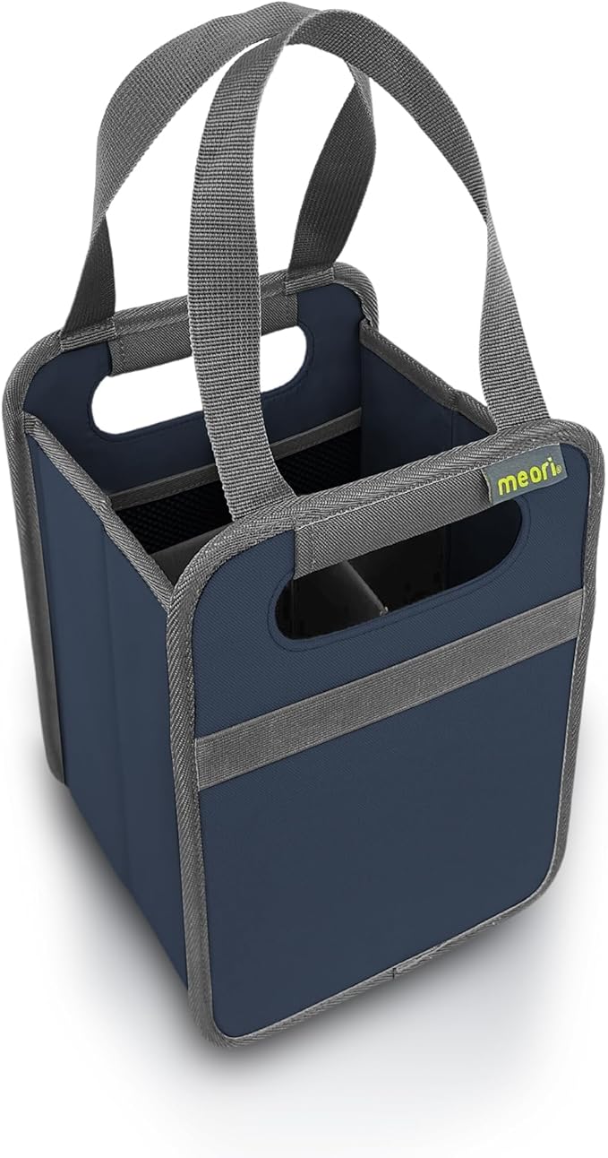 meori Foldable 4 Bottle Wine Tote Marine Blue Organize Crate Glass Dividers Stylish Travel Storage Box Liquor Spirits Tastings Grocery Shopping Hostess Gift (A100814)