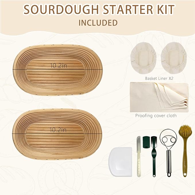 Natural Unbleached Banneton, Sourdough Bread Proofing Basket Kit, 2x 10 Inch Oval Basket with BreadMaking Baking Supplies Tools, Banneton Basket Gift Set - Primary Color