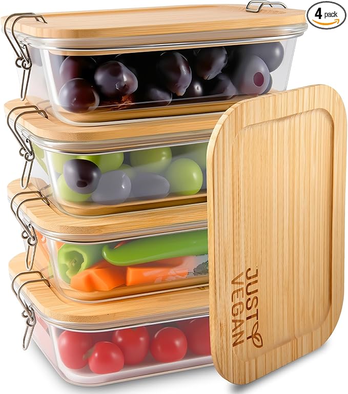 Airtight Glass Food Storage Containers with Bamboo Lids, Set of 4 Secure-Seal Containers for Meal Prep, 100% Leakproof, Plastic Free, Oven & Microwave Safe (4 Pack)