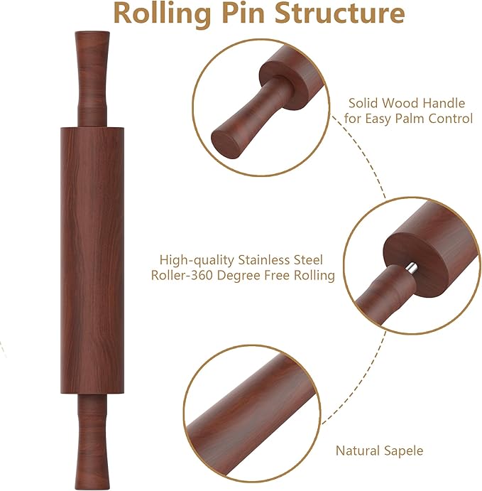 Classic Wooden Rolling Pin with Handle for Fondant, Pizza, Pies, Cookies, Pastries, Rolling Pin for Baking with 3 Multi-Color Thickness Rings, 17" x 2.5" (Include handle) Sapele Rolling Pin