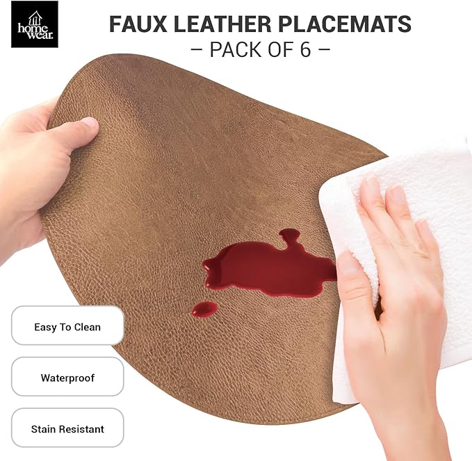 Placemats Set of 6 – Round 15” Faux Leather Table Mats for Dining, Heat Resistant & Non-Slip Washable Table Decor, Indoor, Outdoor, Dining Table Set for 6, Modern Kitchen & Holiday Use, Camel