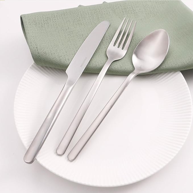 KINGSTONE 40 Piece Silverware Set, Flatware Set for 8, 18/10 Stainless Steel Cutlery Set Mirror Polished Modern Design Dishwasher Safe, Matte Silver