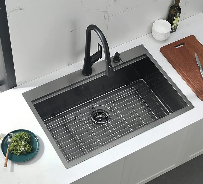 33 Inch Drop In Black Kitchen Sink, Doirteal 33x22 Inch Top Mount Kitchen Sink 16 Gauge Gunmetal Black Stainless Steel Single Bowl Workstation Sinks 33 Drop In Sinks