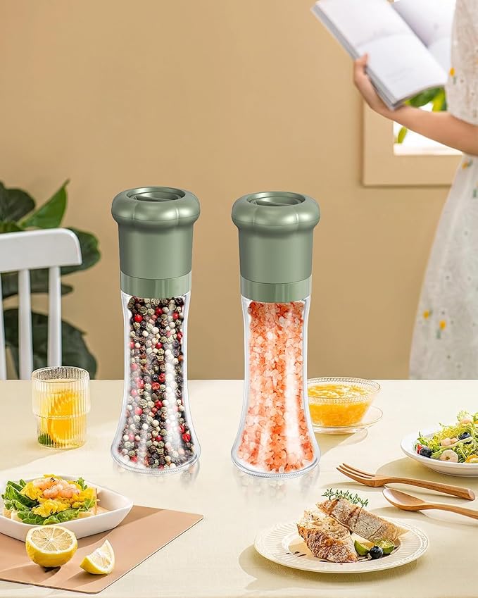 CIRCLE JOY Manual Salt and Pepper Grinder Set For Professional Chef, Refillable Salt and Pepper Shakers with Ceramic Blades, Adjustable Coarseness and BPA-free 180ml Glass Container, Tall Green