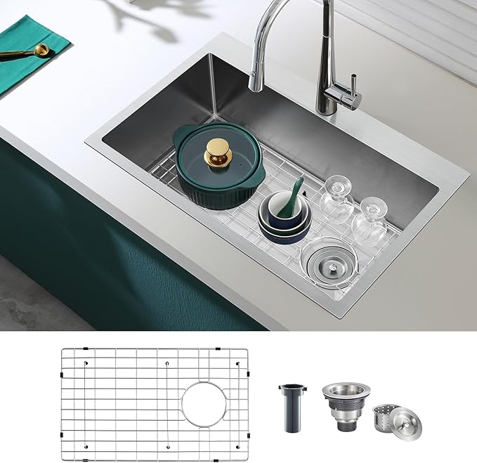 25 inch Kitchen Sink Single Bowl - Drop-in Topmount Kitchen Sink with Protective Bottom Grid, 304 Stainless Steel Overmount Kitchen Bar Sink Handmade with Basket Strainer, 25×18×9 inch