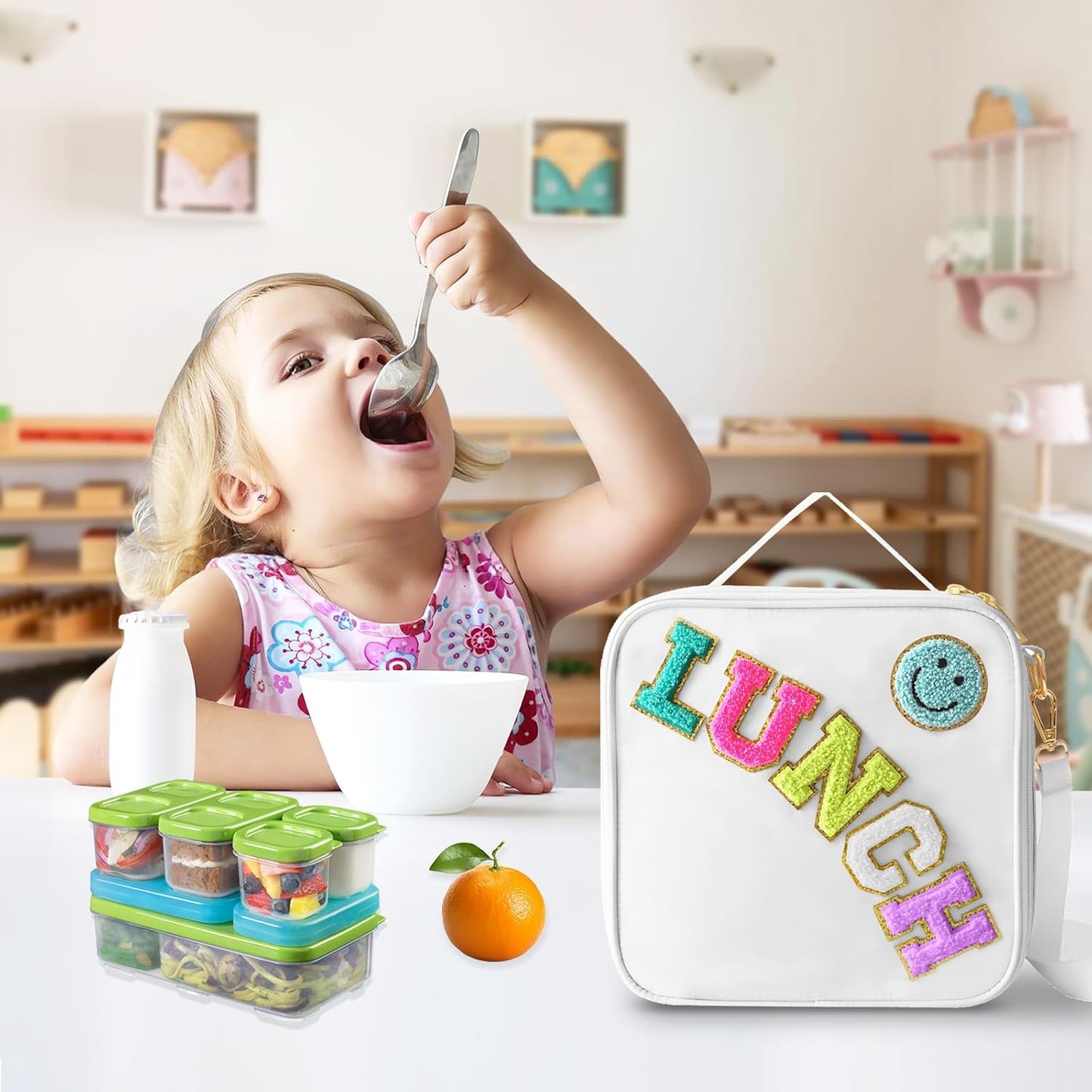 Insulated Lunch Bag With Adjustable Shoulder Strap, Nylon Preppy Lunch Box Large Insulated Lunch Bag Reusable Lunch Tote Bag with Smiley Preppy LunchBag for Girls School Travel Picnic (White)