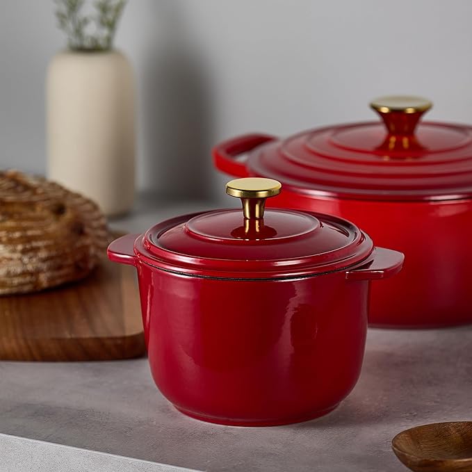 CAROTE 2QT Enameled Cast Iron Dutch Oven Pot with Lid, Mini Round Dutch Oven for Small Sourdough Bread, Stews, Soups, Sauces, Beans, Rice, Serves 1-2, Dual Handles, Healthy & Non-Toxic, All Stovetop Compatible, Oven Safe up to 500° F, Red