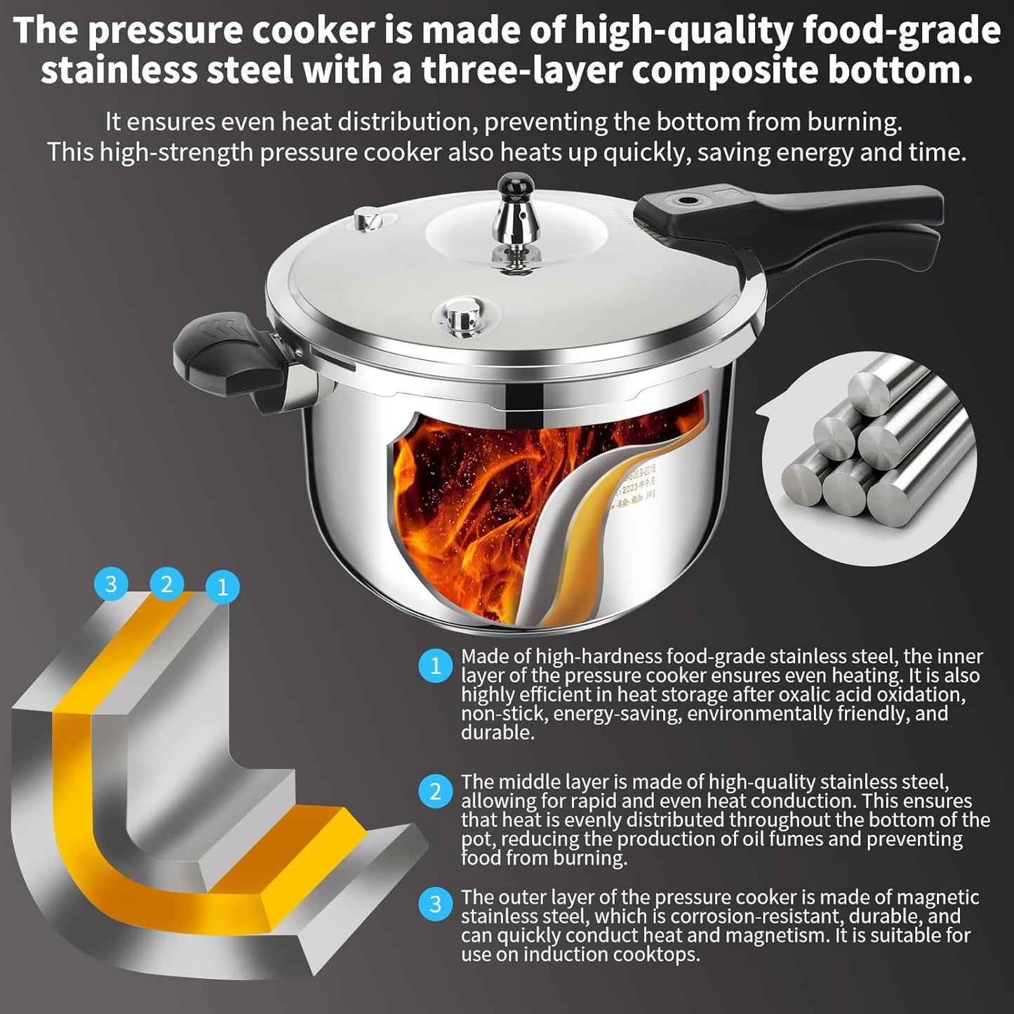 Stainless Steel Pressure Cooker, Peterboo 4 Quart Induction Compatible Thickened Pressure Cooker with Spring Valve Safeguard Devices, Compatible with Gas & Induction Cooker 2-3 Members Use