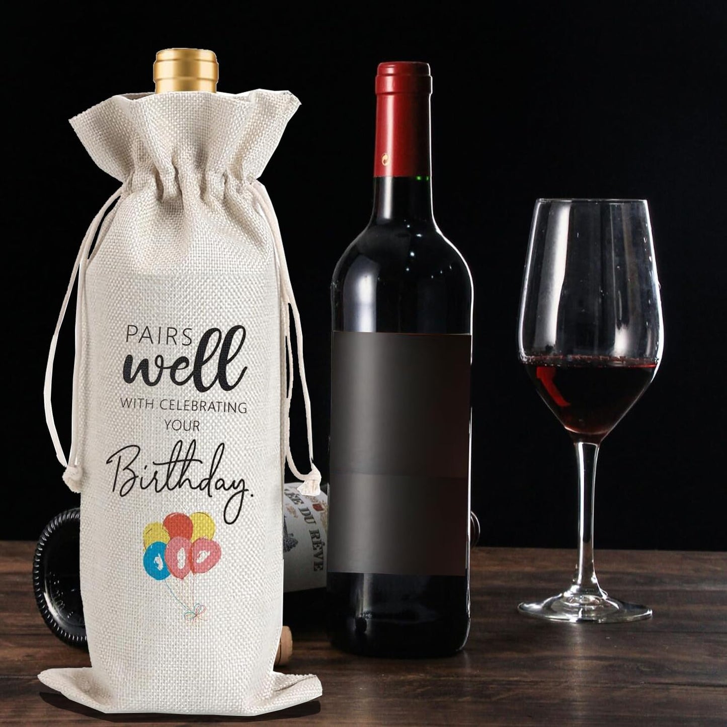 Julont 1Pcs Birthday Gift Ideas for Women & Men, Birthday Party Wine Bag Gift,Happy Birthdate decor, with 1Pcs Kraft Blessing Cards and natural jute rope