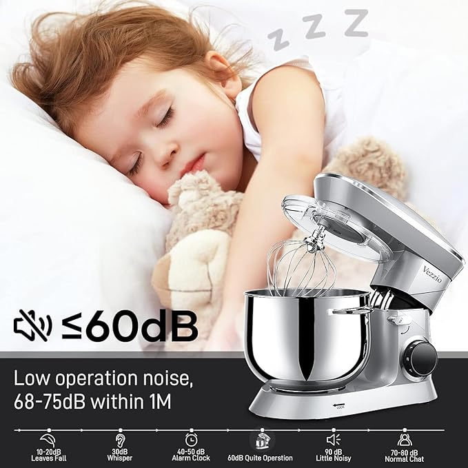 9.5 Qt Stand Mixer, 10-Speed Tilt-Head Food Mixer, Vezzio 660W Kitchen Electric Mixer with Stainless Steel Bowl, Dishwasher-Safe Attachments for Most Home Cooks(Silver)