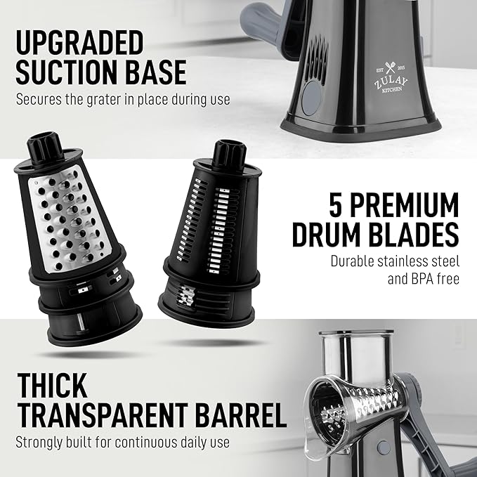 Zulay Kitchen Rotary Cheese Grater 5 Blade Cheese Shredder - Manual Hand Crank Cheese Grater With Reinforced Suction & 5 Interchangeable Drums - Easy to Use, Vegetable Chopper Round Mandoline Slicer
