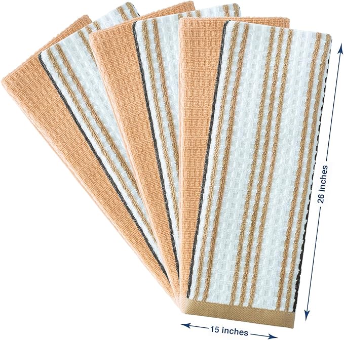 CRAFTSWORTH Kitchen Towels, 15x26 Inches, Pack of 6, 400 GSM, 100% Ring Spun Cotton, Tan Solid & Stripe, Super Soft & Absorbent