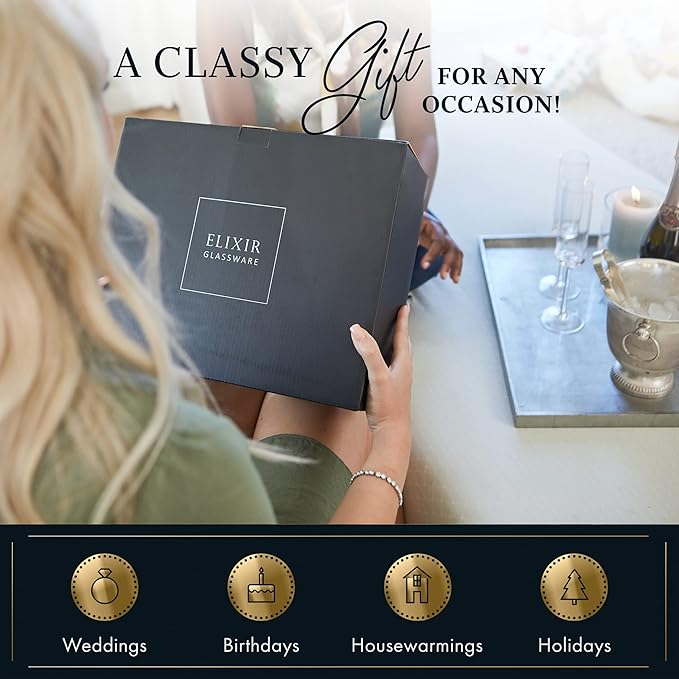 ELIXIR GLASSWARE Champagne Flutes - 6 oz - Set of 2 Crystal Glass Flutes, Hand Blown Edge Champagne Glasses - Premium Crystal Champagne Glasses - Wedding Gifts for Couples, Engagement Gift
