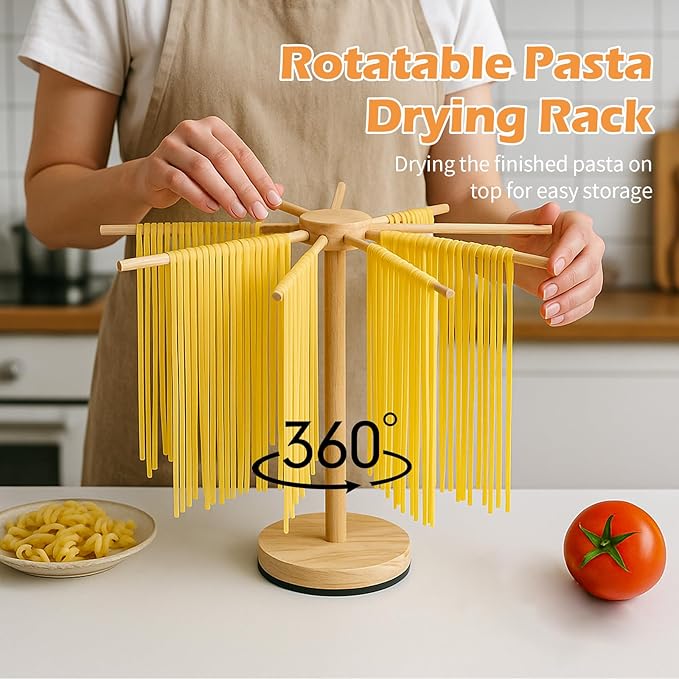 3 Size Pasta Making Tools, 11Pcs Wooden Pasta Making Kit with 3 Size Threaded Rolling Pins, Long Rolling Pin, Rotatable Pasta Drying Rack, Gnocchi Board, Dough Cutter, Wheel Cutter, 2 Stamps