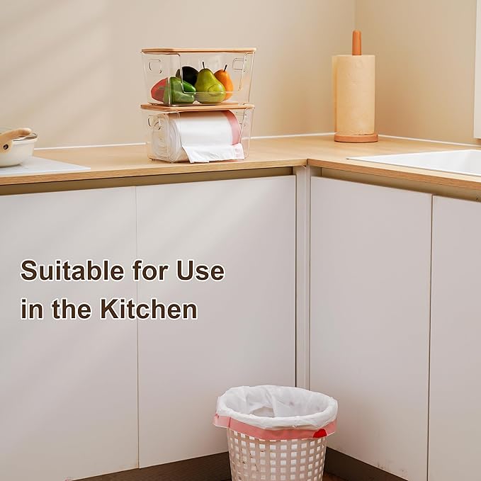 Citylife 2 PCS Small Stackable Storage with Bamboo Top Acrylic Trash Bag Dispenser Open Laundry Room Organizer with Handle