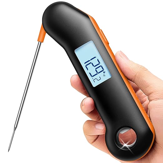 Professional Meat Thermometer, Instant Read in 0.5 Sec, NIST Certified Accuracy ±0.5°F, IP67 Waterproof, Ambidextrous Backlight, Auto-Rotating Display, for BBQ/Grill/Cooking, Black&Orange