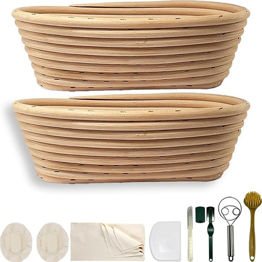 Natural Unbleached Banneton, Sourdough Bread Proofing Basket Kit, 2x 10 Inch Oval Basket with BreadMaking Baking Supplies Tools, Banneton Basket Gift Set - Primary Color