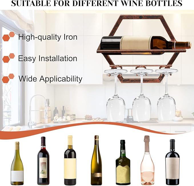2Pcs Wall Mounted Wine Bottle Rack, Metal Hanging Wine Display Holder Organizer, Red Wine Racks for Home Kitchen Bar Decor Storage (Retro Brown AA)