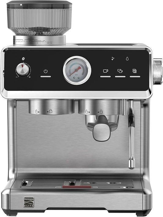 Kenmore Elite Espresso Machine – Automatic Coffee Maker with Auto Tamper, Auto Cleaning, Milk Steamer & Frother, Bean Grinder, Make Professional Barista Style Cappuccino, Café Latte