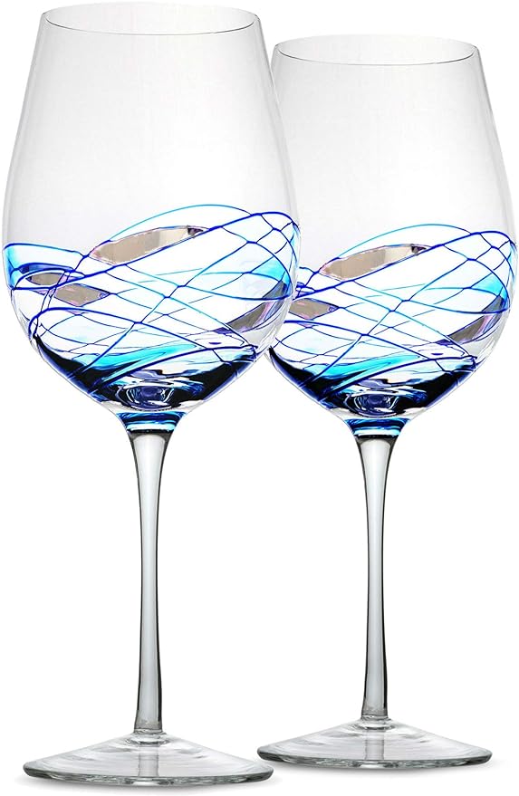 Bezrat Red Wine Glasses Set of 2, Hand Painted Wine Glass, Drinkware Essentials, 11" H, 28oz Wine Lover Large Glass, Glassware Gifts Ideas for Women Inspired by 'Duomo di Milano' Mothers Day (Blue)