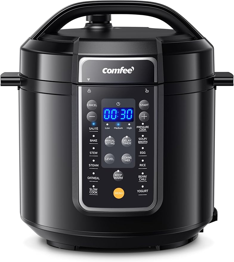 COMFEE’ 9-in-1 Electric Pressure Cooker, 14 Presets Instant Multi Slow Cooker Olla de Presion Non-Stick Pot Rice , Yogurt Maker, Sauté Steamer, Black , 6 Quarts