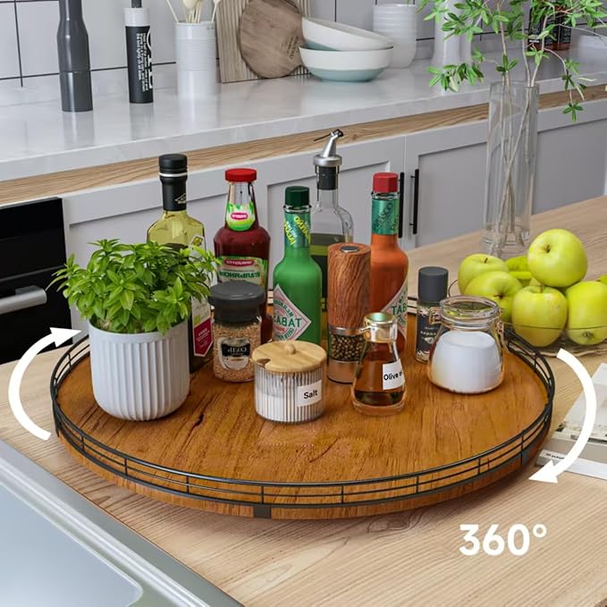 Farmhouse Oak 21" Lazy Susan Turntable Organizer for Cabinet, Round Wooden Lazy Susan Organization and Storage for Dining Table, Pantry, Kitchen, Countertop, Cupboard,Home Decor, Walnut (21)