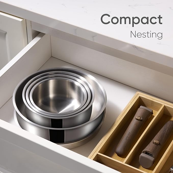 CAROTE Stainless Steel Sauce Pan with Detachable Handle, 5pcs Stainless Steel Pot, 1.5QT&2QT Saucepan with Lid, Non-Toxic Induction Kitchen Cookware, Removable Handle, Oven Safe, Woodgrain