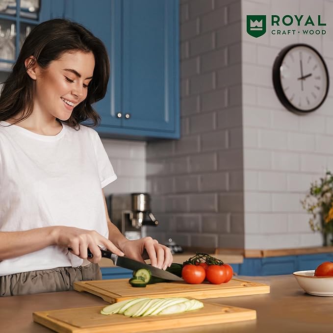 Chopping Board Set of 2 - Wooden Cutting Boards for Kitchen Meal Prep & Serving - Bamboo Wood Cutting Board Set - Charcuterie & Chopping Butcher Block for Meat - Kitchen Gadgets Gift