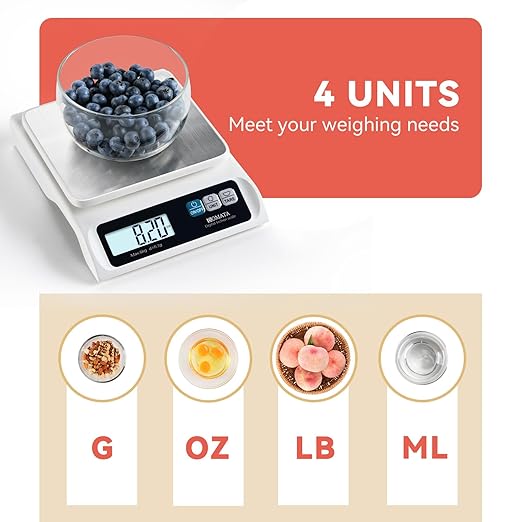 BOMATA 0.1g/ 13lb Food Scale, Digital Kitchen Scale with Removable Stainless Steel Pan, Backlit LCD Display, for Cooking, Baking B621 White