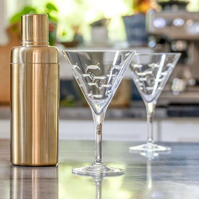 Rolf Glass School of Fish Martini Glass | Stemmed 7.5 oz. Martini Glasses | Lead-Free Glass | Diamond-Wheel Engraved Cocktail Glasses | Made in the USA (Set of 4)