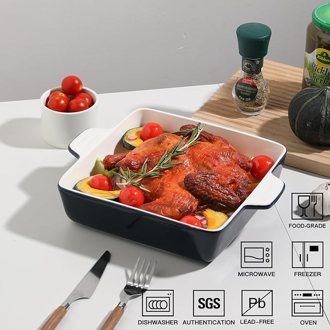 Sweejar Ceramic Baking Dish, 9 x 9 Cake Baking Pan for Brownie, Porcelain Square Bakeware with Double Handle for Casserole, Lasagna, Family Dinner (Navy)