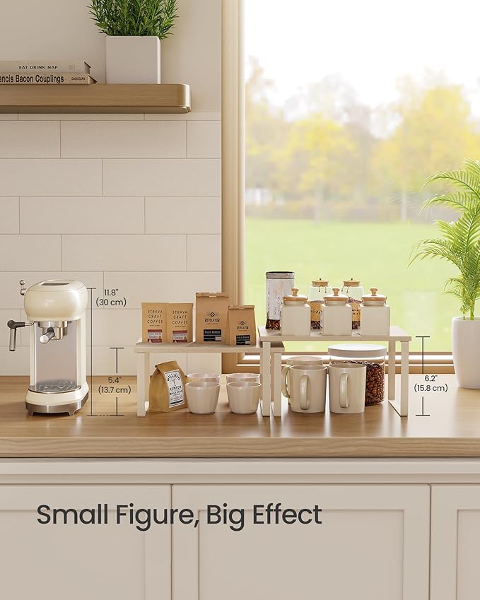 SONGMICS Cabinet Organizer Shelf, Set of 2 Kitchen Counter Shelves, Kitchen Storage, Spice Rack, Stackable, Expandable, Metal and Engineered Wood, Travertine Beige and Cream White UKCS020L01