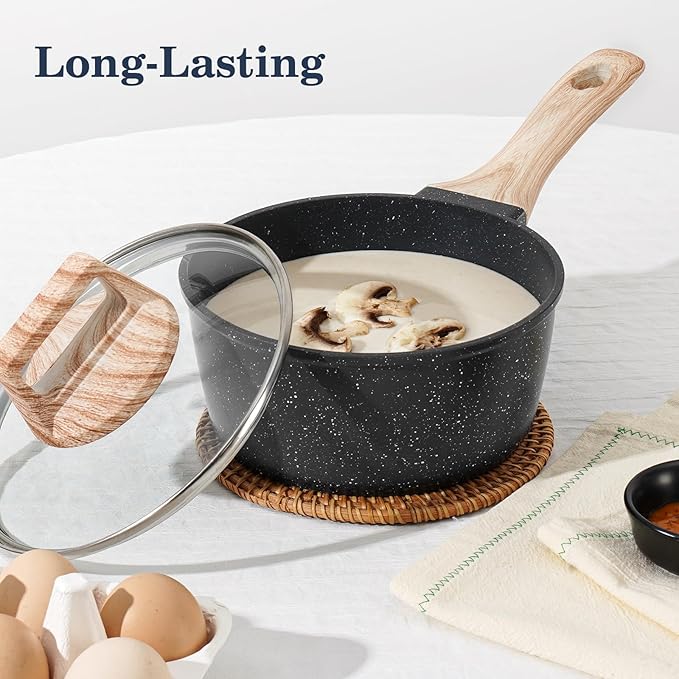 12 Pcs Pots and Pans Set, Nonstick Cookware Sets Black Granite Induction Cookware, Non-toxic Healthy Non Stick Kitchen Cooking Set with Frying Pans Set, Saucepans,Steamer (PFAS, PFOA, PFOS Free)