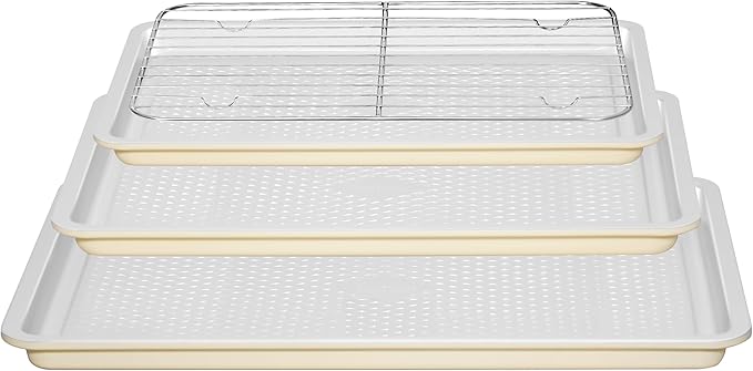 Nonstick Ceramic Baking Sheet With Rack, 3-Pack Half/Jelly Roll/Quarter Sheet Pan, Non-Toxic, PTFE & PFOA Free, Warp-Free, Oven Safe 550°F, Dishwasher Safe, Aluminized Steel, Gray Yellow