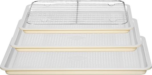 Nonstick Ceramic Baking Sheet With Rack, 3-Pack Half/Jelly Roll/Quarter Sheet Pan, Non-Toxic, PTFE & PFOA Free, Warp-Free, Oven Safe 550°F, Dishwasher Safe, Aluminized Steel, Gray Yellow