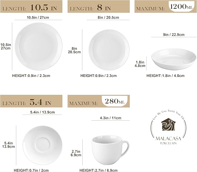 MALACASA 30-Piece Gourmet Porcelain Dinnerware Sets, Modern White Round Dish Set for 6 - Premium Serving Plates and Bowls Sets for Dessert, Salad, Soup, Pasta - Series AMELIA