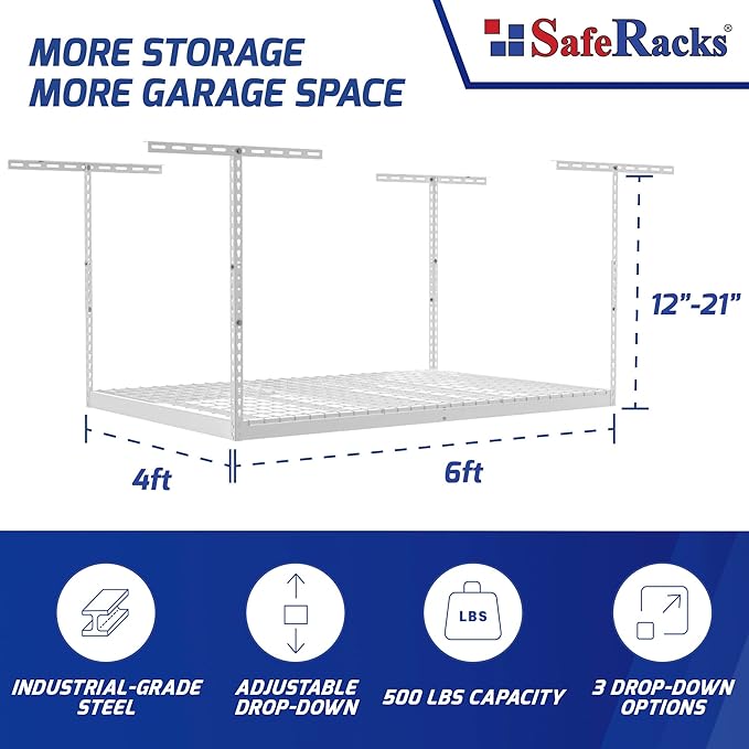 SafeRacks 4x6 Overhead Garage Storage Rack - Height Adjustable Steel Overhead Storage Rack - 500 Pound Weight Capacity (White, 18"-33")