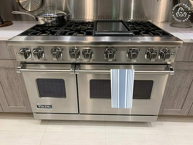 GOTS Certified Organic Cotton Kitchen Hand and Dish Towel Sets - Oversized 20x30 inches, Fully Hemmed, in Designer Colors, 6-Pack, Dusty Blue Stripe