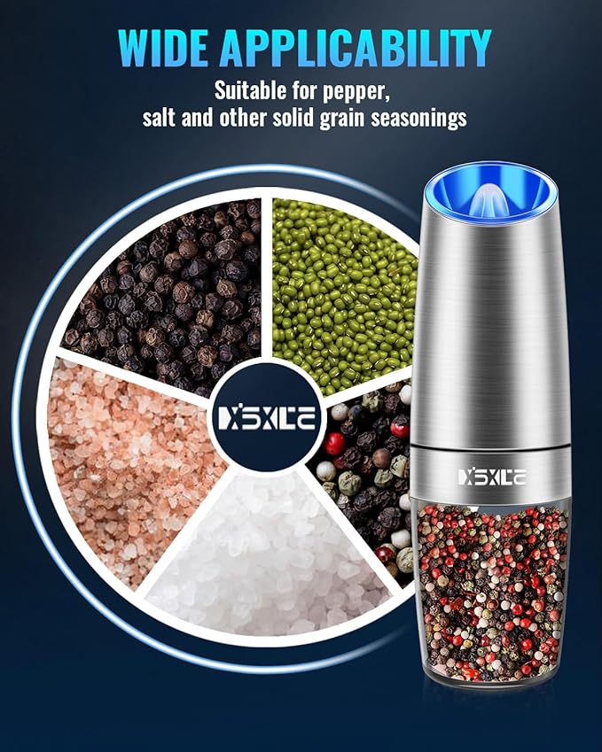 XinXu Gravity Electric Pepper and Salt Grinder Set, Salt and Pepper Mill & Adjustable Coarseness, Battery Powered with LED Light, One Hand Automatic Operation, (Set/Silver)