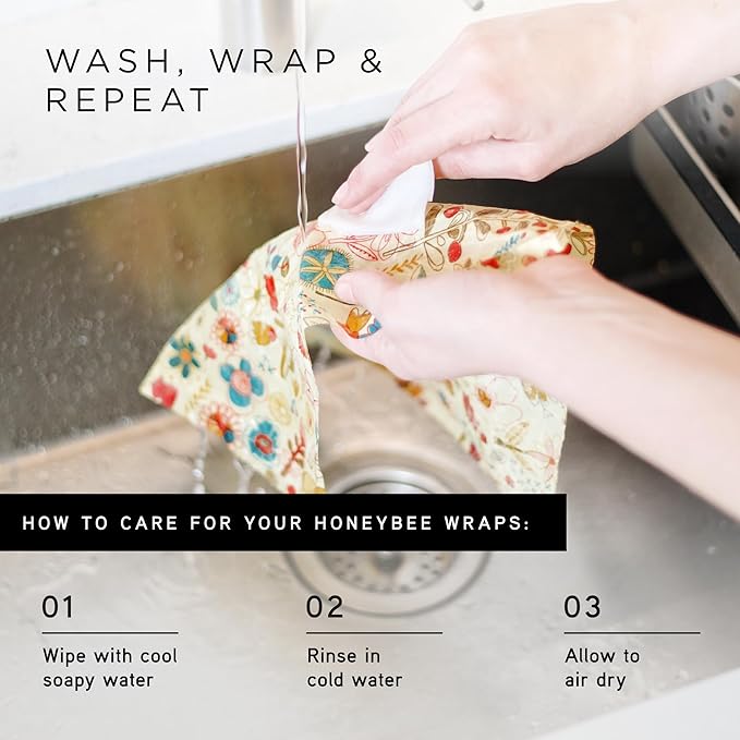 Honeybee Beeswax Wraps - Kitchen Starter Pack - Certified Organic Cotton Beeswax Wrap - Reusable Beeswax Wraps for Food - Plastic Wrap & Sandwich Bags Alternative - 3 Pack - Small, Medium & Large