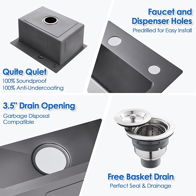 ROVOGO 24x18x9 in. Drop-in Kitchen Sink Black, 304 Stainless Steel Top Mount Handmade Sink Single Bowl with 2 Holes