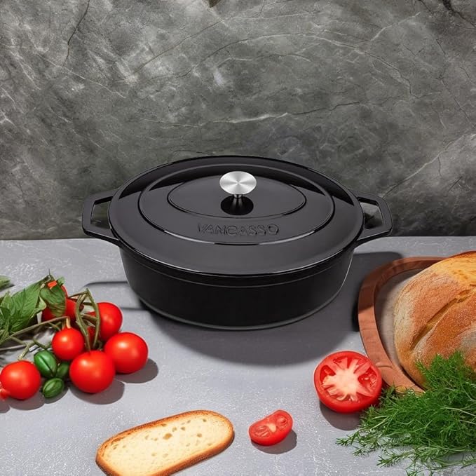 vancasso Enameled Cast Iron Oval Dutch Oven, 9.3 Quart with Non-Stick Enamel Coating for Bread Baking, Black Double Handle Pot with Lid