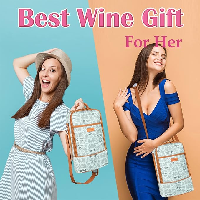 Tirrinia 2 Bottle Insulated Wine Tote Bag - Wine Tumbler Glass Cooler Carrier for BYOB Restaurants, Travel, Park, Beach - Blue & White Strap