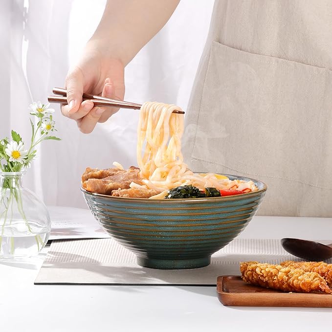 NUTRIUPS 8 Inch Ceramic Ramen Bowl Set of 2 Pho Bowls 40oz Japanese Noodle Udon Soup Bowls with Spoons and Chopsticks (Blue Peacock)