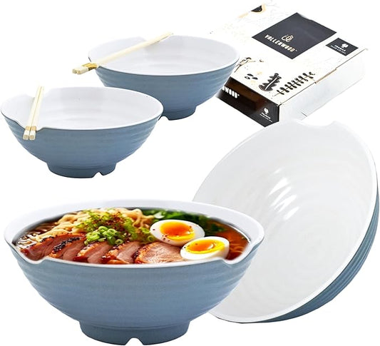 4 XL Gray White bowl set, 12 Pieces Ramen Bowls. Asian Japanese soup with Spoons and Chopsticks. Restaurant Quality Melamine, Large 52 oz for Noodles, Pho, Udon, Thai, Chinese dinnerware, 9 inch