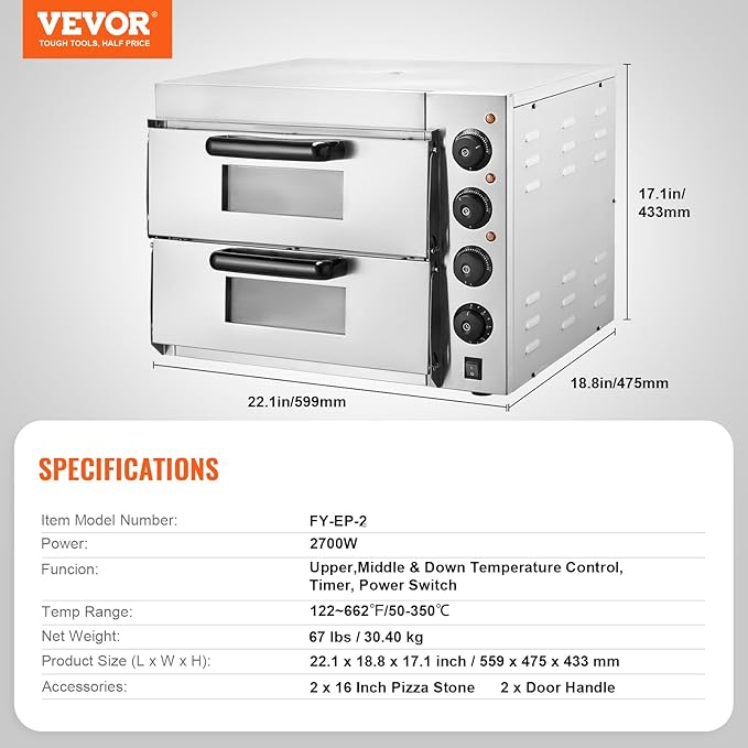 VEVOR Commercial Pizza Oven Countertop, 16" Double Deck Layer, Stainless Steel Electric Pizza Oven with Stone and Handle, Multipurpose Indoor Pizza Maker for Restaurant Home Pretzels Baked