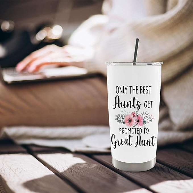 QASHWEY Great Aunt Gifts Coffee Tumbler 20 oz, BestAunt Travel Tumbler Coffee Mug Gifts for GreatAunt, AuntGifts from Niece Nephew,Promoted to Great Aunt Stainless Steel Tumblers with Straw and Lid