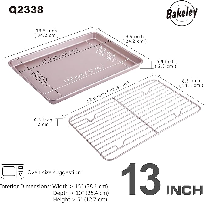 13-inch Baking Sheet Pan with Rack, Non-Stick Rectangular Shallow Dish Sheet Pan with Wire Rack for Oven Baking, BBQ, Jelly Roll and Roasting 13.5" x 9.6" x 1" (Champagne Gold)