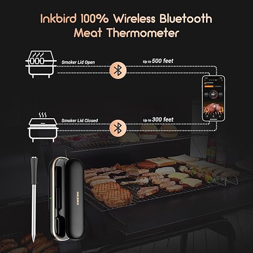 INKBIRD Meat Thermometer Wireless, Smart Bluetooth Meat Thermometer, IP67 Waterproof Wireless Meat Probe with Rechargeable Box for Outdoor Grill Smoker BBQ Rotisserie iOS & Android App