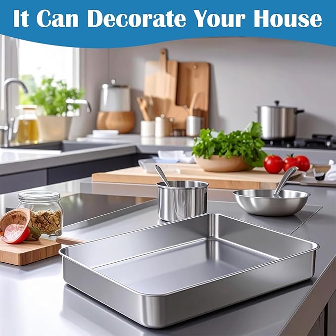 3 Set Stainless Steel Cake Pan with Lid, 13/11/9 Inch Rectangle Cake Pans Sets with Covers Baking Bakeware for Bread Fish Meat Vegetables, Non-Stick, Mirror Finish, Dishwasher Safe